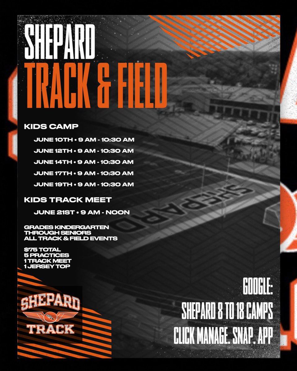 Register for the Shepard Summer Track &amp; Field Camp.

Ages 4 &amp; up. Kids get a jersey, 5 days of camp, and compete in a track &amp; field meet.

9AM-10:30:
Tues 6/10
Thurs 6/12
Sat 6/14
Tues 6/17
Thurs 6/19

Track Meet 6/21 9AM-noon

Register here:

manage.snap.app/register/shepa…