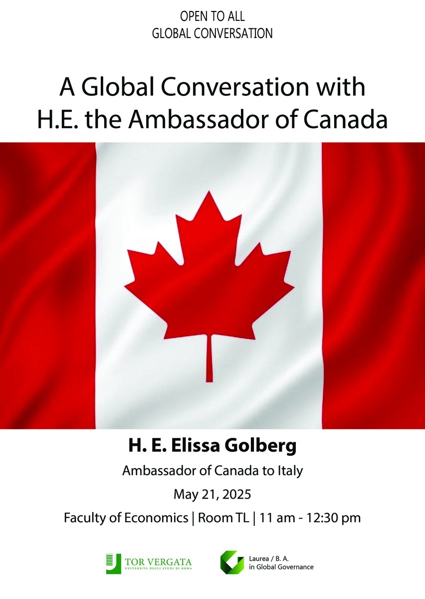 Global Governance BA (@ggovernanceba) on Twitter photo 21 may | 11 am
"A Global Conversation with H.E. the Ambassador of Canada"
#GlobalConversation with H. E. Elissa Golberg (Ambassador of Canada to Italy)
<a href="/unitorvergata/">UniversitĂ di Roma Tor Vergata</a>
<a href="/EconTorVergata/">Economia Tor Vergata</a>
<a href="/GustavoPiga/">Gustavo Piga</a>
<a href="/Notizieincampus/">Uffstampa_RomaTorVergata</a> 21 may | 11 am
"A Global Conversation with H.E. the Ambassador of Canada"
#GlobalConversation with H. E. Elissa Golberg (Ambassador of Canada to Italy)
<a href="/unitorvergata/">UniversitĂ di Roma Tor Vergata</a>
<a href="/EconTorVergata/">Economia Tor Vergata</a>
<a href="/GustavoPiga/">Gustavo Piga</a>
<a href="/Notizieincampus/">Uffstampa_RomaTorVergata</a>