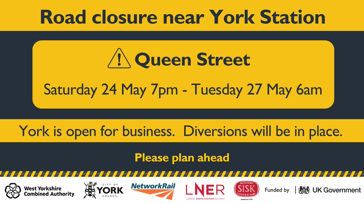Queen Street will close to traffic from 7pm Sat 24 May until 6am Tue 27 May.

The road will close to buses, cyclists and vehicles. Pedestrian access will be maintained. The gates at Lowther Terrace will be open as normal.

⚠️More info and diversion routes: york.gov.uk/major-developm…