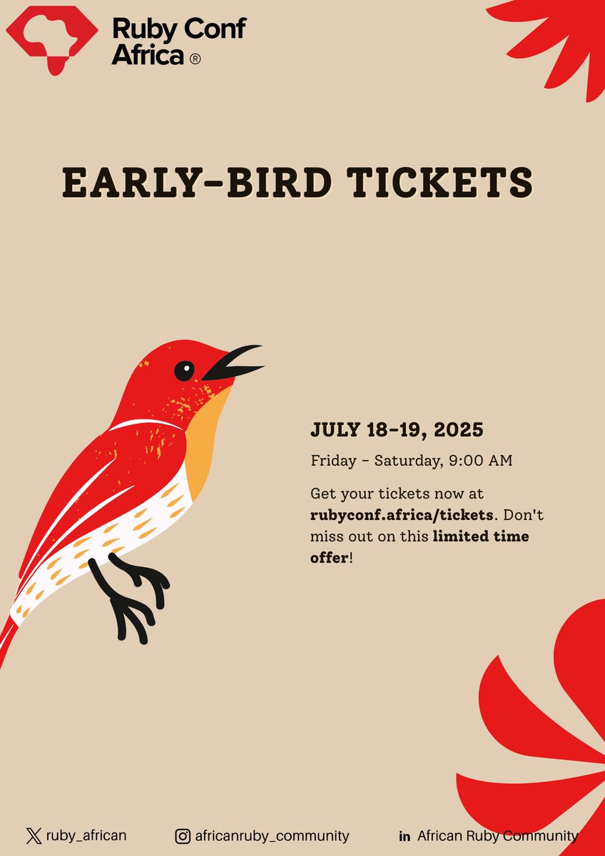 Can you believe it? We’re just 59 days away from RubyConf Africa 2025! 
Have you secured your ticket yet? 🎟️

Grab tickets before they sell out.
Link: rubyconf.africa/tickets.html 
#RubyConf #RubyConfAfrica #RubyConfAfrica2025 #africanruby #nairuby
