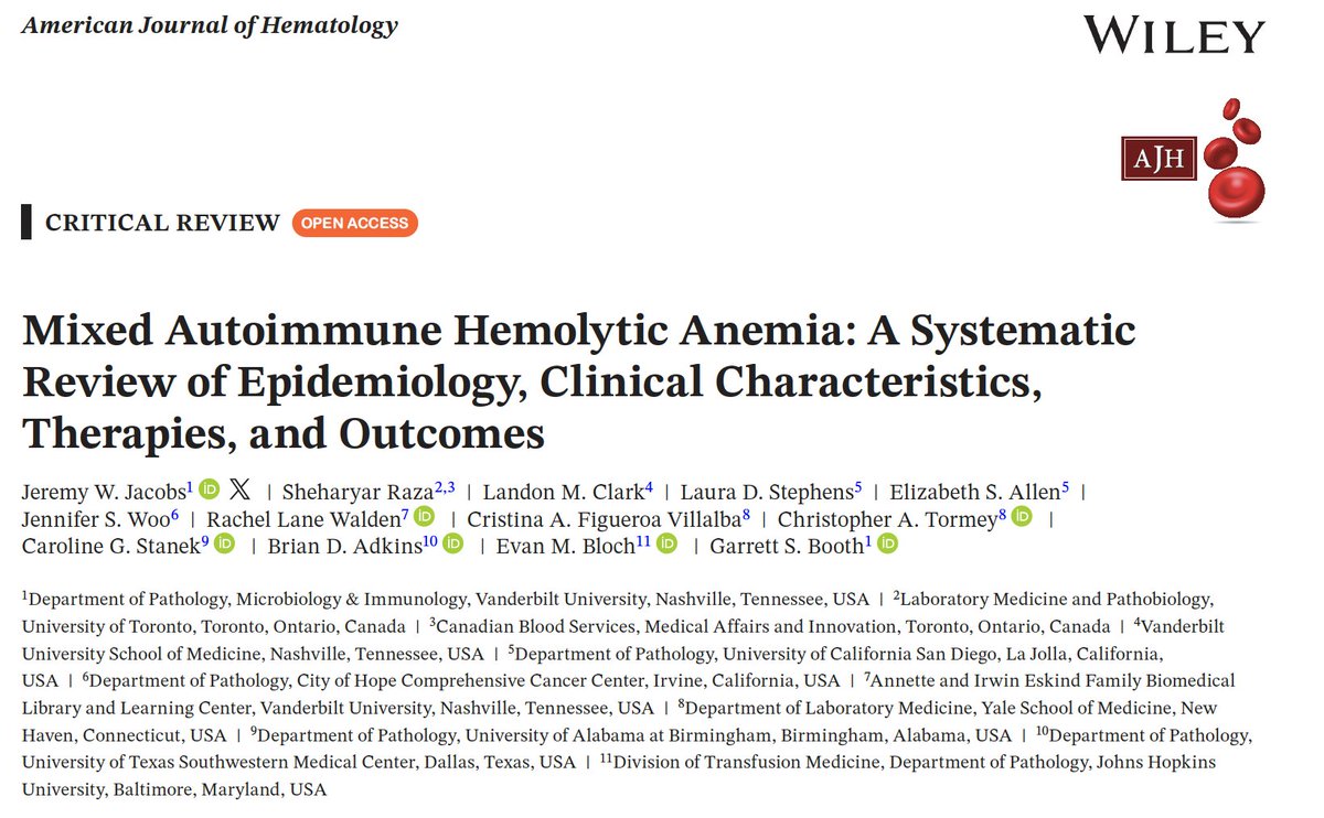 Raza S (@razasn) on Twitter photo Mixed Autoimmune Hemolytic Anemia is a fascinating and challenging disease of blood breakdown via multiple immune pathways
Our systematic review <a href="/AjHematology/">AmericanJournalofHematology</a> summarizes what is currently known about features and outcomes of patients with this condition
onlinelibrary.wiley.com/doi/10.1002/aj… Mixed Autoimmune Hemolytic Anemia is a fascinating and challenging disease of blood breakdown via multiple immune pathways
Our systematic review <a href="/AjHematology/">AmericanJournalofHematology</a> summarizes what is currently known about features and outcomes of patients with this condition
onlinelibrary.wiley.com/doi/10.1002/aj…