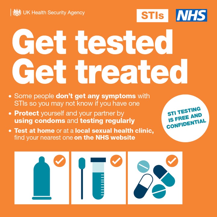 UKHSA's tweet photo. Protect yourself and your partner by using condoms and testing regularly. 

Testing is free and can help manage #STIs that could make you seriously ill if left untreated. 🤒
Find your nearest sexual health service. 📍👇
https://t.co/AeQSbMQxWC https://t.co/V42BPT0FKY