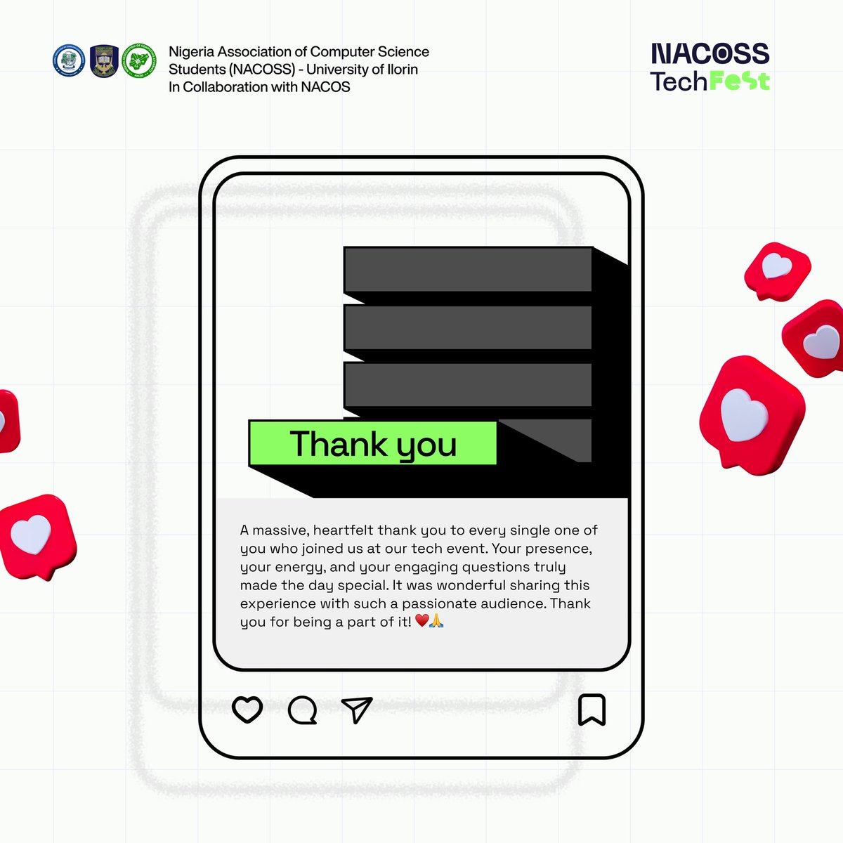 NACOSS_UIL's tweet image. Two words. 

THANK YOU!🙏❤️

#NACOSSTechfest 
#TechForGood 
#NACOSSUnilorin 
#NACOSSSYNC