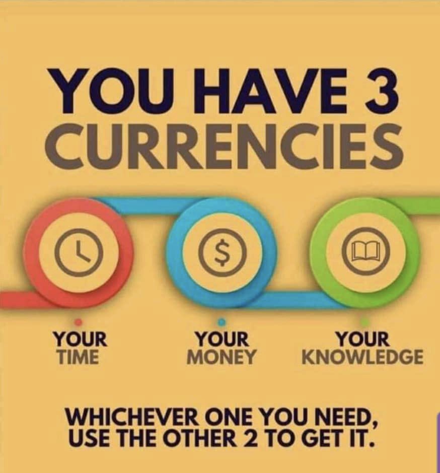 You have 3 currencies 

Knowledge 
Time 
and Money 

You can use one or two of them to get the other