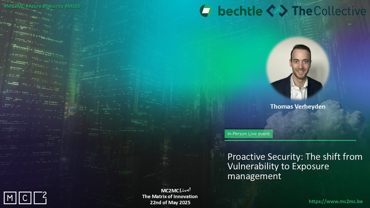 We're thrilled to announce that Thomas Verheyden will be joining us as a speaker at MC2MC Live: The Matrix of Innovation!🚀 

📅 Thursday, May 22nd     
🎟️ mc2mc.be/mc2mc-live-the…

#MC2MC #MC2MCLive #Community #Security #M365 #Azure