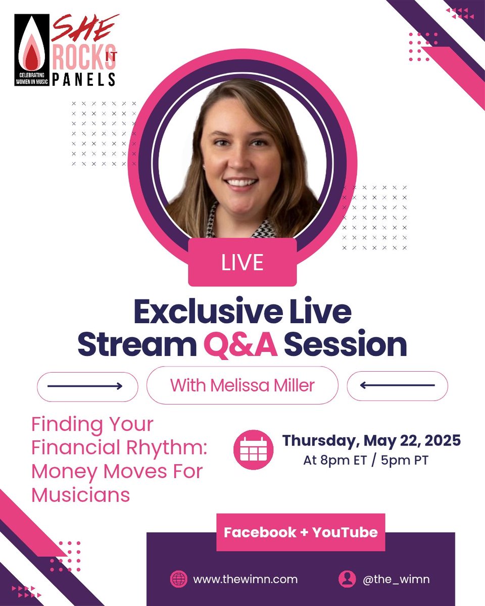 🎙 JOIN US THIS THURSDAY for a special #SheRocksIt livestream featuring financial advisor and lifelong musician Melissa Miller! Live on FB + YT.
Thursday, May 22, 2025, at 8pm ET/5pm PT.  More info here: 
thewimn.com/events/finding…