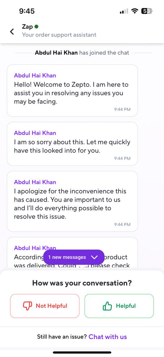 RohitShegal's tweet photo. @ZeptoNow Zepto has now added new feature to it's help section-- One way conversation. Without even listening to the complete concern.They have closed the complaint like this. I order the some groceries in which one item was missing.On complaint, they have done this. @zeptocares https://t.co/A1eYxMfQtS