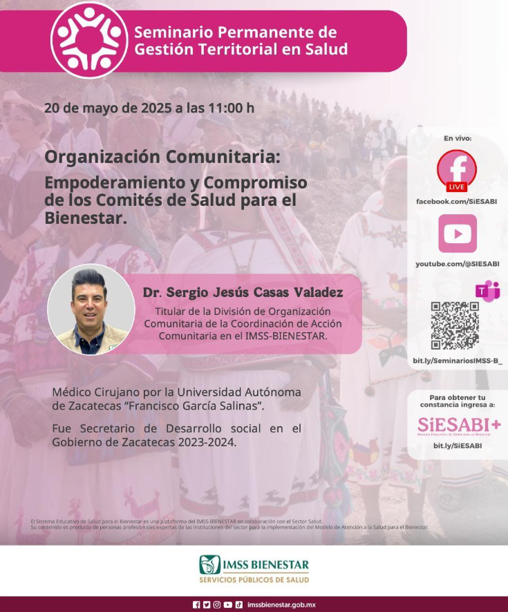 SIESABI_'s tweet photo. Iniciamos el Seminario de Gestión Territorial en Salud, con el tema de Organización Comunitaria: Empoderamiento y Compromiso de los Comités de Salud para el Bienestar #COSABI en #IMSSBIENESTAR Estamos en Vivo en SiESABI-Facebook y SiESABI-Youtube conéctate! https://t.co/qfBG24IaIL