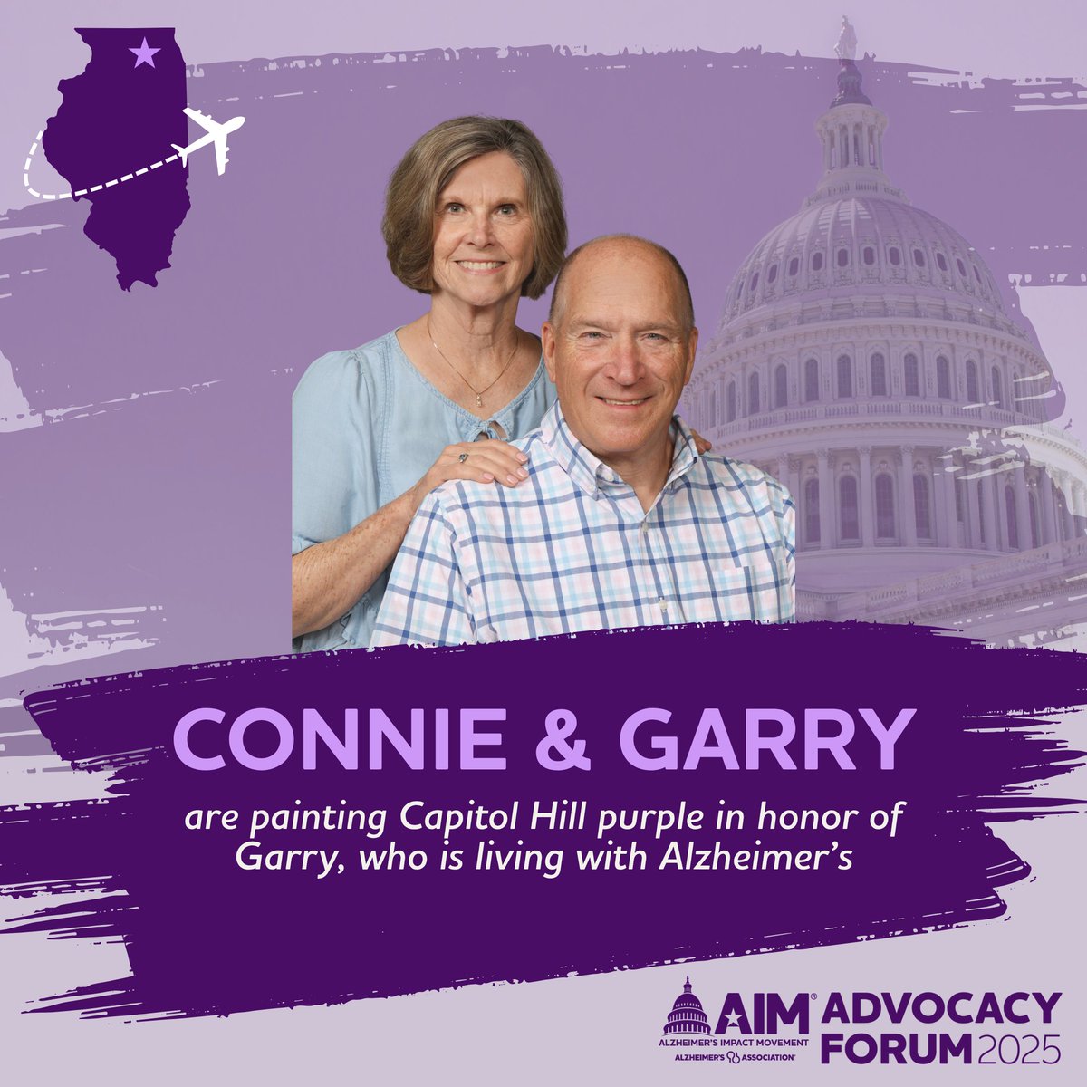 AlzILAdvocacy's tweet photo. #ForumSpotlight: 💜 CONNIE &amp; GARRY 💜 will travel from the 14th congressional district to #GoPurple at the #AlzForum! #ENDALZ #AlzILAdvocacy https://t.co/GRcWQolpuo