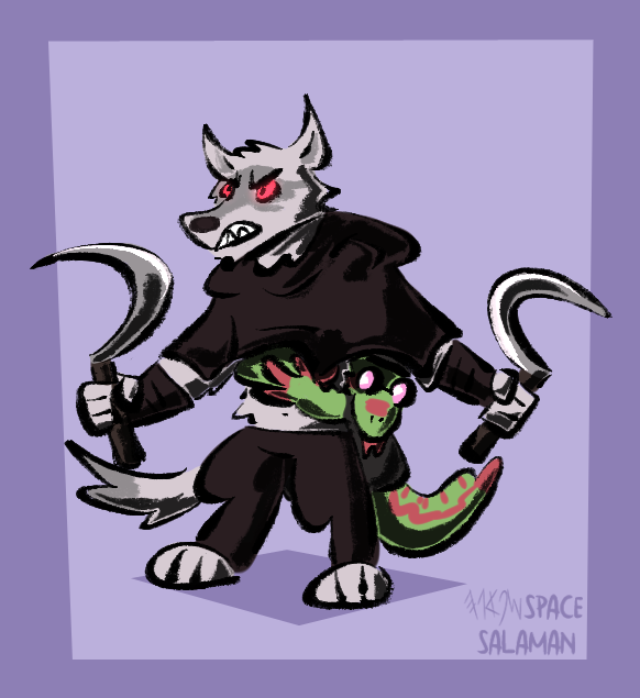 [f] hug the death wolf
&gt; i thought if i hug him forever he'll be too busy to ever kill anyone and no one ever dies; but he's so strong he'll probably just go to work with me hanging on him... :[ #marubahrt #furryart #scalieart #deathwolf #pussinboots #fanart #snake #naga