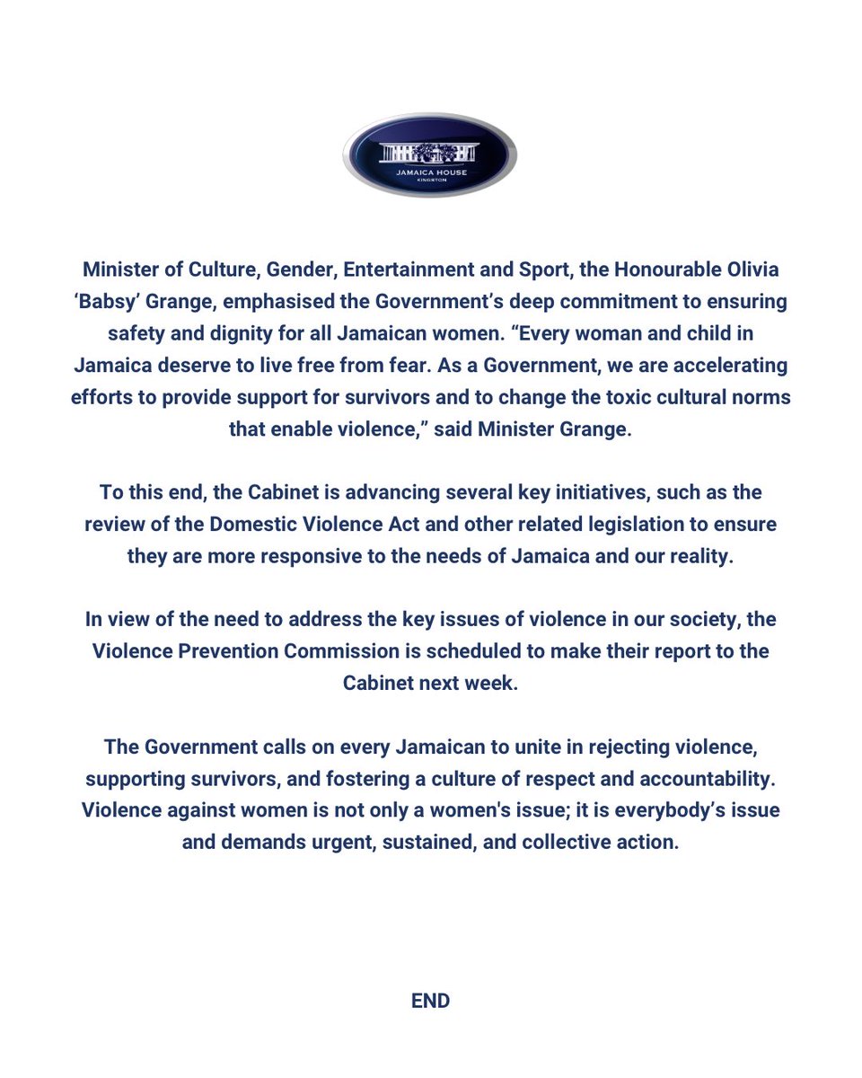 #PressRelease: Cabinet of Jamaica Condemns Violence Against Women and Girls; Pledges Renewed Action.