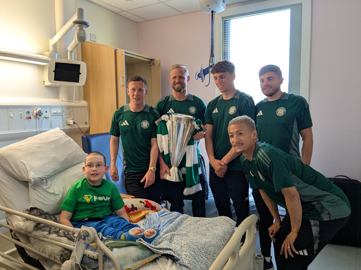Today, Celtic FC’s title-winning stars brought the Scottish Premiership trophy and lots of smiles to Glasgow Children’s Hospital! 🏆 

Huge thanks to Callum McGregor, James Forrest, Daizen Maeda, Arne Engels &amp; Kasper Schmeichel for taking time to visit our young patients 💜