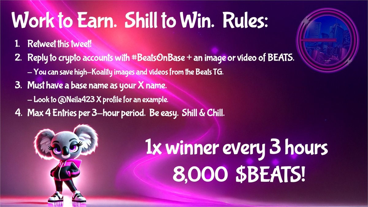 🎉 Huge congratulations to <a href="/lotttomasto/">BlankedFost</a> for being randomly chosen! 🎉 I just sent you 8,000 $BEATS for your awesome shill tweet with a pic/video! 🥳 Check out the transaction here: basescan.org/tx/0x04d169d77… 

Don’t forget to read the rules to enter next time! 🐨💖 #BeatsOnBase