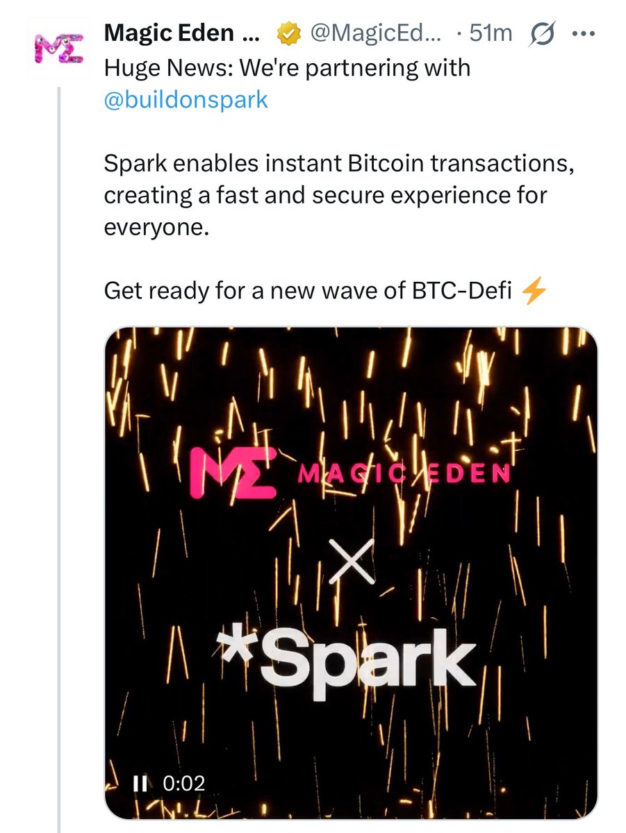 We're proud to be betting on BTC DeFi in partnership with <a href="/buildonspark/">Spark</a>.

<a href="/MagicEden/">Magic Eden 🪄</a> is going to lead the forefront of all Bitcoin DeFi to make BTC fast, fun, and for everyone.