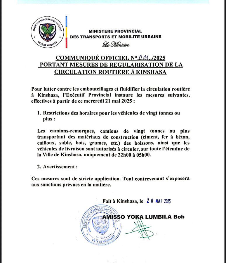 OBSERVE que la mise en application de cette mesure doit se faire avec rigueur afin de faciliter tant soit peu la mobilité dans la ville de Kinshasa. Saluons les efforts du Gouv Bumba <a href="/fatshi13/">Félix A. Tshisekedi</a>, <a href="/PLukwebo/">Modeste Bahati Lukwebo</a>