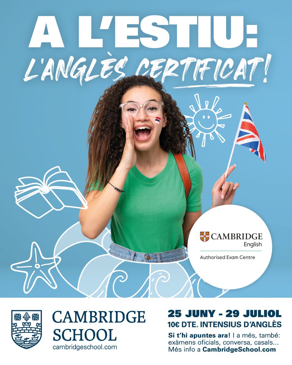 MATRÍCULA OBERTA per als cursos d’anglès d’estiu de #CambridgeSchoolOfficial!

Aprofita el JUNY – JULIOL per sumar nivell al teu anglès i avança més ràpidament cap als teu certificat Cambridge. 

Informa-te’n ara a 👉👉👉cambridgeschool.com/ca/oferta-d-es…