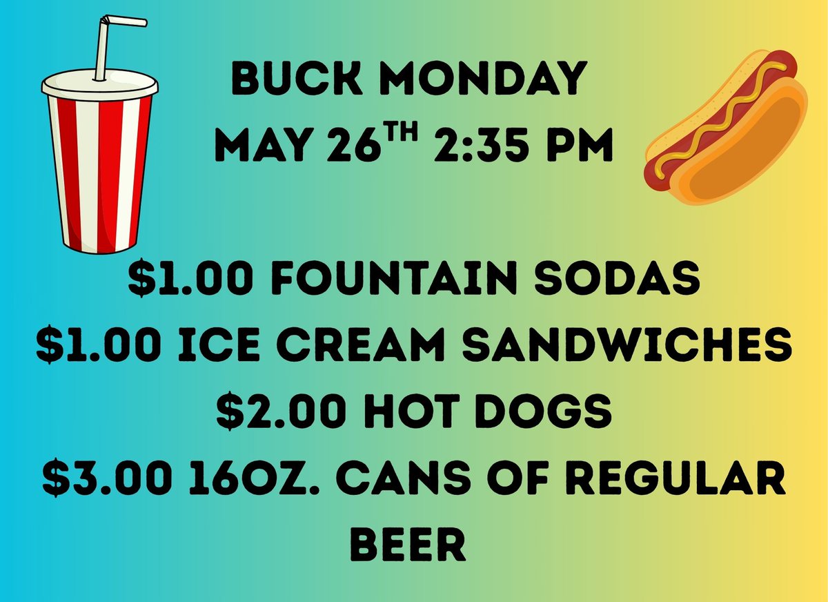 Opening day just got even sweeter! Join us Monday, May 26th at 2:35pm for Buck Monday- these ballpark snacks never tasted so good!

waterloo-bucks.nwltickets.com/SingleGame/Tic…