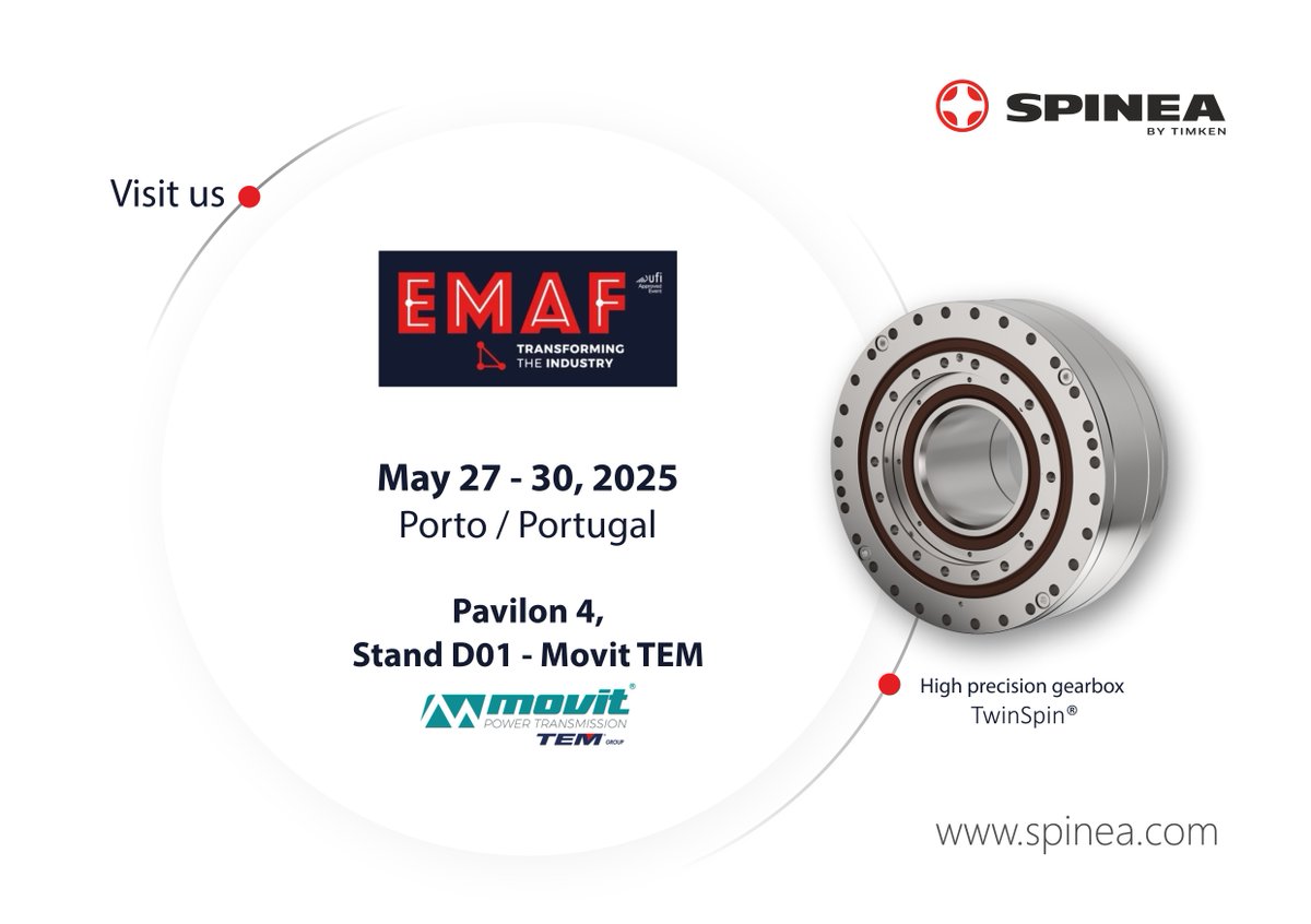 We’re excited to share that SPINEA’s  portfolio will be on show at EMAF 2025 from 27 to 30 May 2025 in Porto!You are welcome at the booth of our partner MovitTEMGroup - Pavilion 4, Stand D01 – where you can see our gearboxes TwinSpin and actuators DriveSpin in action