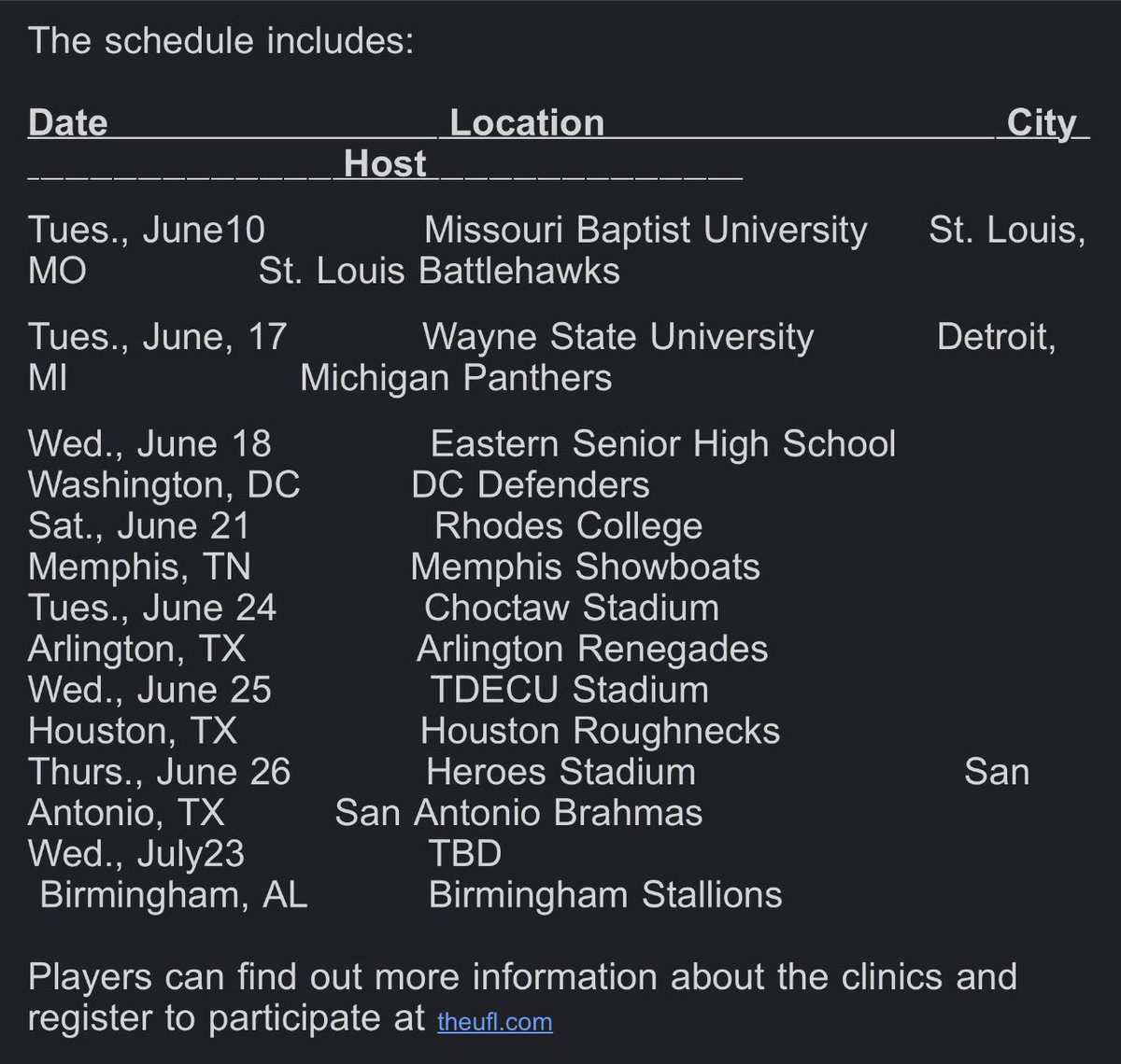 The UFL will be hosting youth football clinics next month in their 8 markets. #UFL
