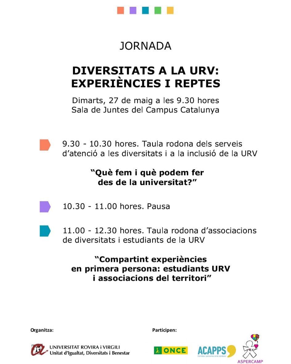 aspercamp's tweet photo. 🎤 El 27 de maig participem activament a la jornada “Diversitats a la URV”!
A les 11 h serem a la taula rodona compartint experiències des d’ASPERCAMP 💜
📍 Sala de Juntes – Campus Catalunya
#DiversitatURV #Aspercamp #TEA #URV https://t.co/P5qK2135jY
