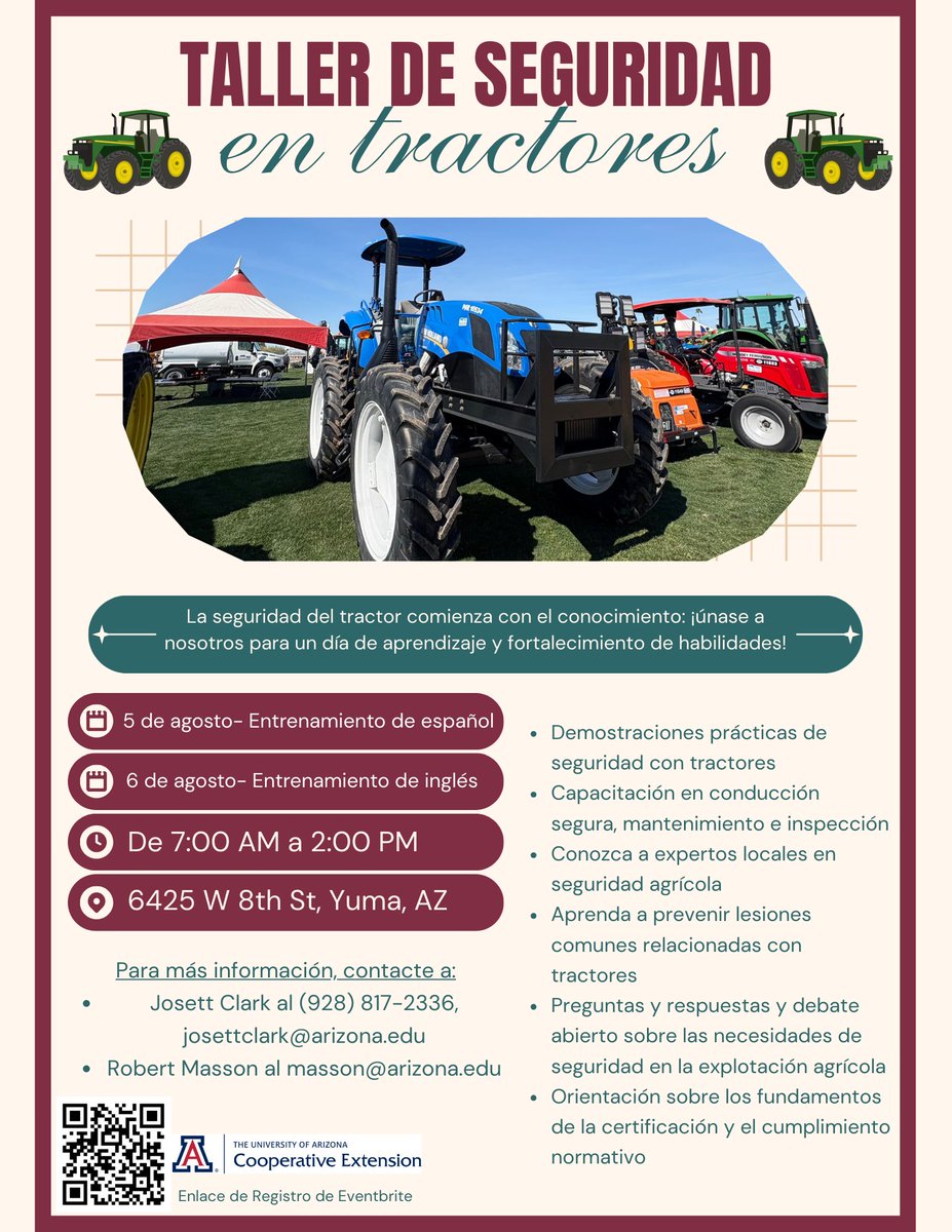Yuma County Cooperative Extension will be offering a bilingual workshop to ensure ag workers are well-versed on safe tractor operation, equipment inspections, and more. 

We're on the lookout for experienced operators, so if you know someone who should be involved, let us know!