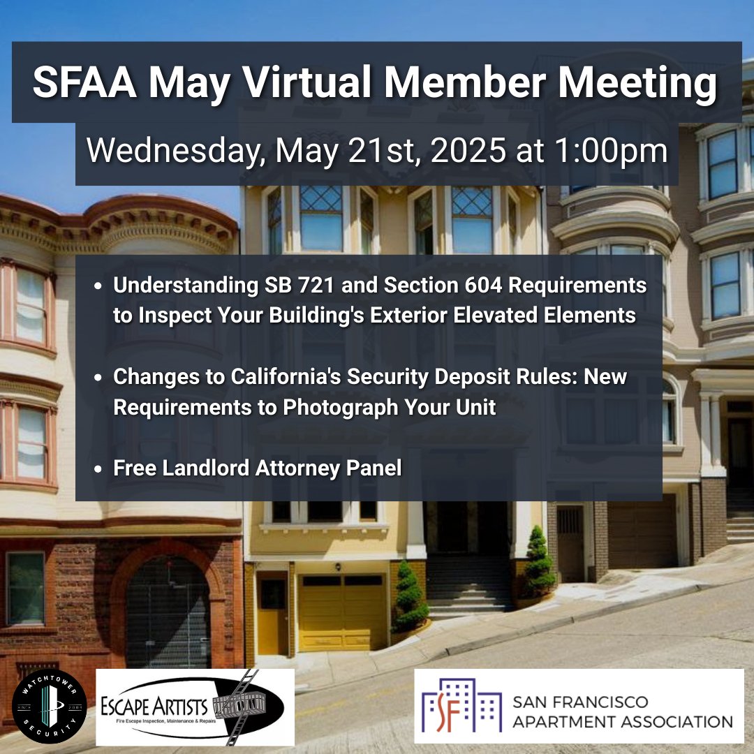 WTSecurity's tweet image. We’re proud to support the @SFAptAssoc as a sponsor of their May Virtual Meeting. It’s a great chance for the multifamily industry to get important updates and hear from experts who help keep communities running smoothly. #watchtowerdifference #sfaa #sanfrancisco