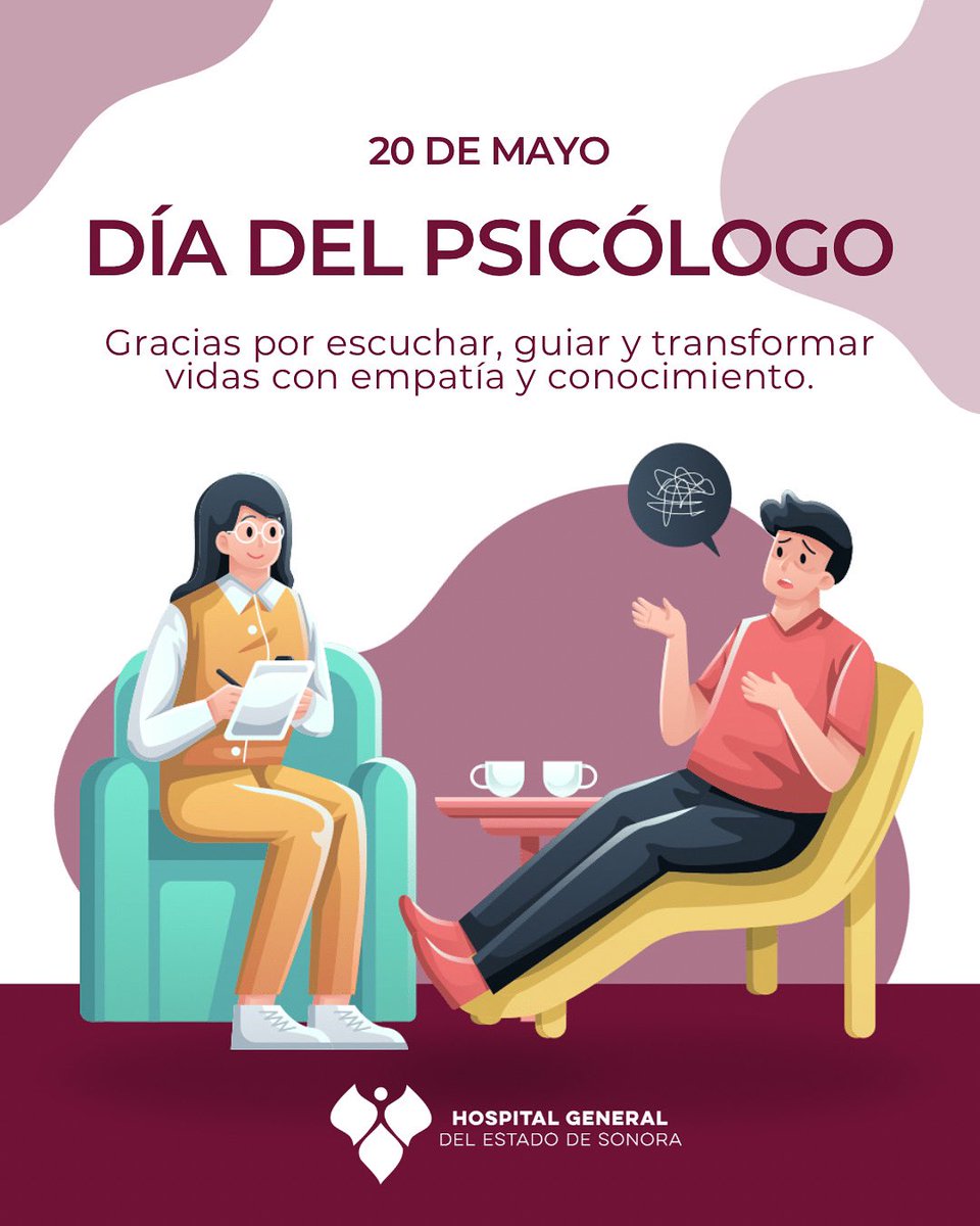 🧠✨20 de mayo 
Día Nacional del Psicólogo

Hoy reconocemos a quienes, con empatía, ética y profesionalismo, cuidan la salud mental de nuestros pacientes y del personal.

Gracias por su invaluable labor dentro del Hospital General del Estado de Sonora. 

¡Feliz Día del Psicólogo!