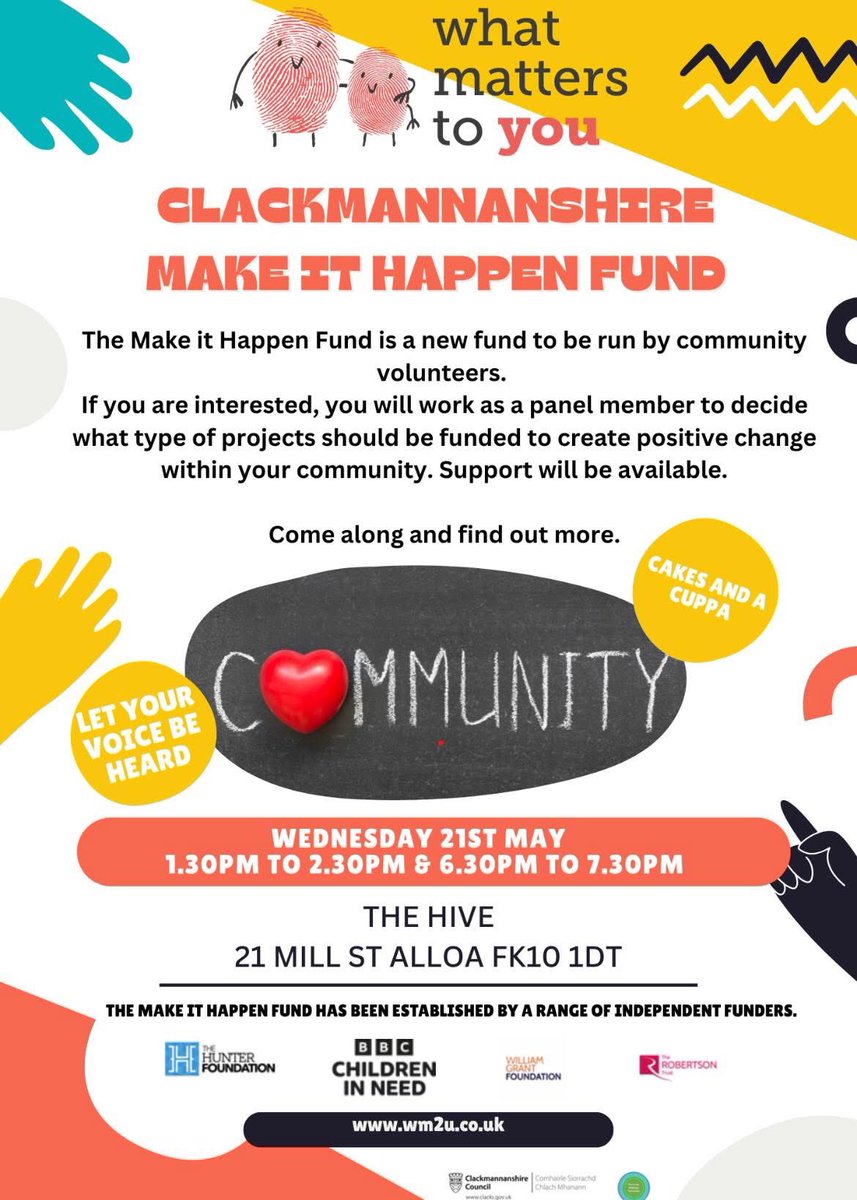 Clackmannanshire CLD (@clackscld) on Twitter photo We hope to see you at The Hive (Alloa) tomorrow. We are looking for local community members to be part of a panel to decide on the Make it Happen Funding! <a href="/WM2U_/">What Matters To You</a> <a href="/ClacksEducation/">Clackmannanshire Council People Directorate</a> <a href="/ClacksCouncil/">Clackmannanshire Council</a> <a href="/ClacksFWP/">FWP Community Around the School</a> <a href="/clacksCTSI/">Clacks Third Sector Interface</a> <a href="/LornshillPC/">Lornshill Academy PC</a> <a href="/AlloaAcadPC/">AlloaAcadParents</a> <a href="/AlvaCATS/">Alva Community Around the School</a> Please share We hope to see you at The Hive (Alloa) tomorrow. We are looking for local community members to be part of a panel to decide on the Make it Happen Funding! <a href="/WM2U_/">What Matters To You</a> <a href="/ClacksEducation/">Clackmannanshire Council People Directorate</a> <a href="/ClacksCouncil/">Clackmannanshire Council</a> <a href="/ClacksFWP/">FWP Community Around the School</a> <a href="/clacksCTSI/">Clacks Third Sector Interface</a> <a href="/LornshillPC/">Lornshill Academy PC</a> <a href="/AlloaAcadPC/">AlloaAcadParents</a> <a href="/AlvaCATS/">Alva Community Around the School</a> Please share