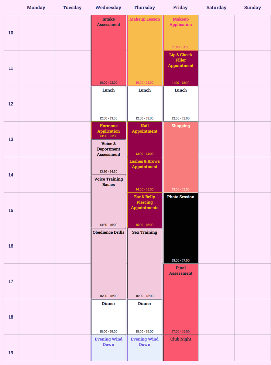 Just shared the itinery with my newest transformation sissy for her time with me next week!

FULL TRANSFORMATION! Hormones, fillers, nails, and so much more!

This could be you 😘