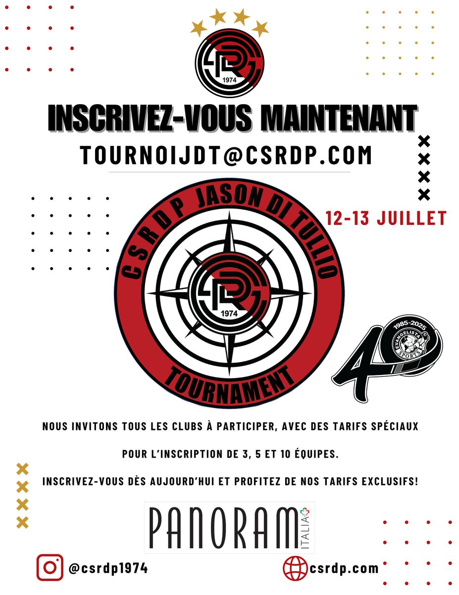 CSRDP1974's tweet photo. ⚽️ Avis aux clubs!
Participez au Tournoi CSRDP Jason Di Tullio les 12 et 13 juillet!
Bonne compétition, belle ambiance et moments inoubliables sur et en dehors du terrain! 💥

https://t.co/XmxA5dqOpp

📍 RDP, Montréal
🗓️ Réservez votre place — les inscriptions sont limitées! https://t.co/iaLFsgjiDy