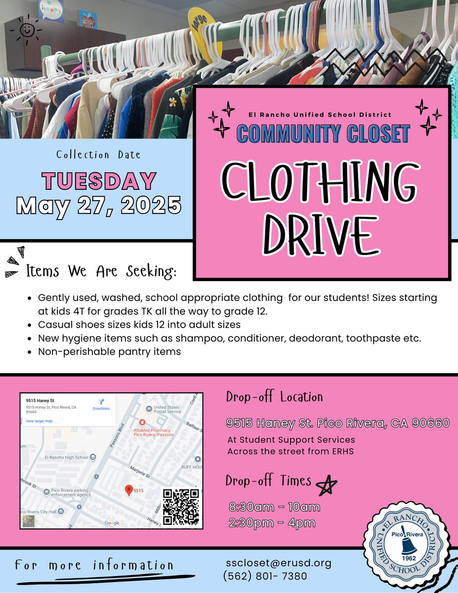 Don't forget to use this long weekend to clear out your closet and begin your reset for the upcoming school year! Bring us all that stuff that no longer fits your growing kiddos 🌟

The Community Closet is a completely FREE resource that is available to all ERUSD families!