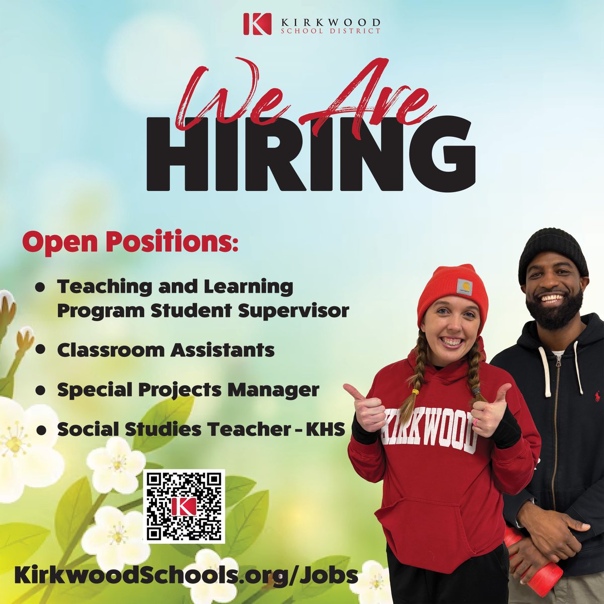 The Kirkwood School is now hiring, please visit kirkwoodschools.org/jobs to apply today!