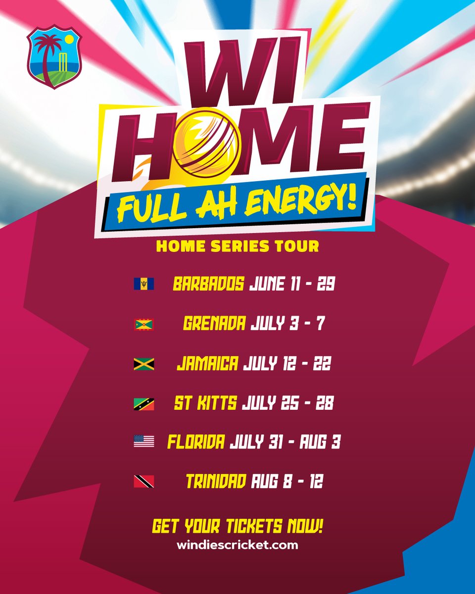windiescricket's tweet photo. Time to get ⚡CHARGED UP⚡for the Full Ah Energy Home Series! 🌴🏏
Get your tickets EARLY on https://t.co/6TUKc2hD7J 🎟️
🔹 Children under 16 are FREE for the Test matches! 🙌🏽
🔹 All Women's matches are FREE for everyone! 💃🏽🕺🏽
#FullAhEnergy #WIHome https://t.co/5JxMukpE2v