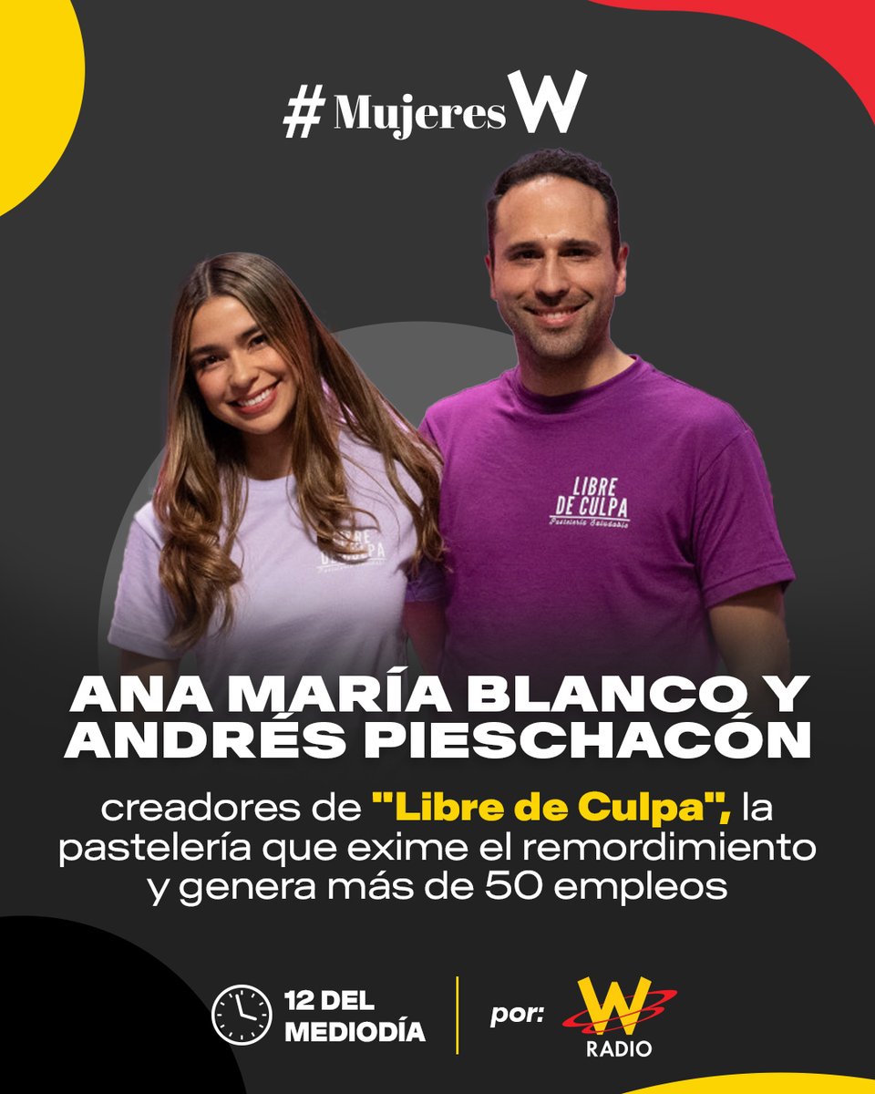 ¡Ya estamos #AlAire en #MujeresW! Hoy nos acompañan Ana María Blanco y Andrés Pieschacón, creadores de la pastelería ‘Libre de Culpa’ 
 
Conéctese con Rosario Gómez (<a href="/rosariogomez/">Rosario Gómez</a>), Paula Bolívar (<a href="/paulabolivar/">Paula Bolívar</a>), Kamila Correa (<a href="/Kamilacorreae/">Kamila Correa Escobar</a>) y Adriana Tono →