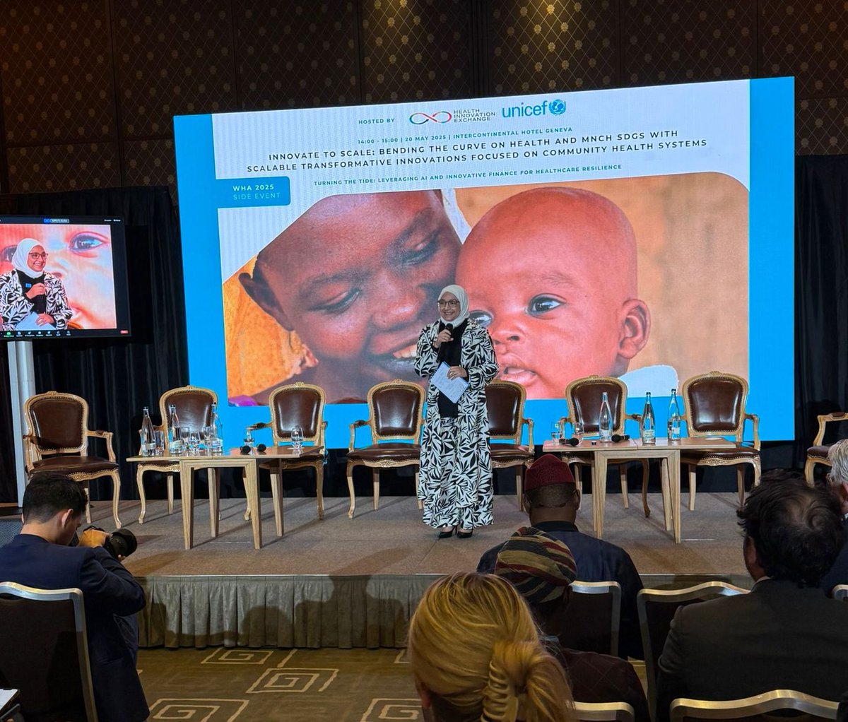 UNICEFhealth's tweet photo. Today at #WHA78!  

Our Associate Director of Health, @f_shafique, joined the high-level session "Innovate to Scale: Bending the Curve on Health and MNCH SDGs."  

Hosted by @UNICEF and @HIExinno, the session showcased how transformative health solutions can drive real change for mothers and children.  

#ForEveryChild