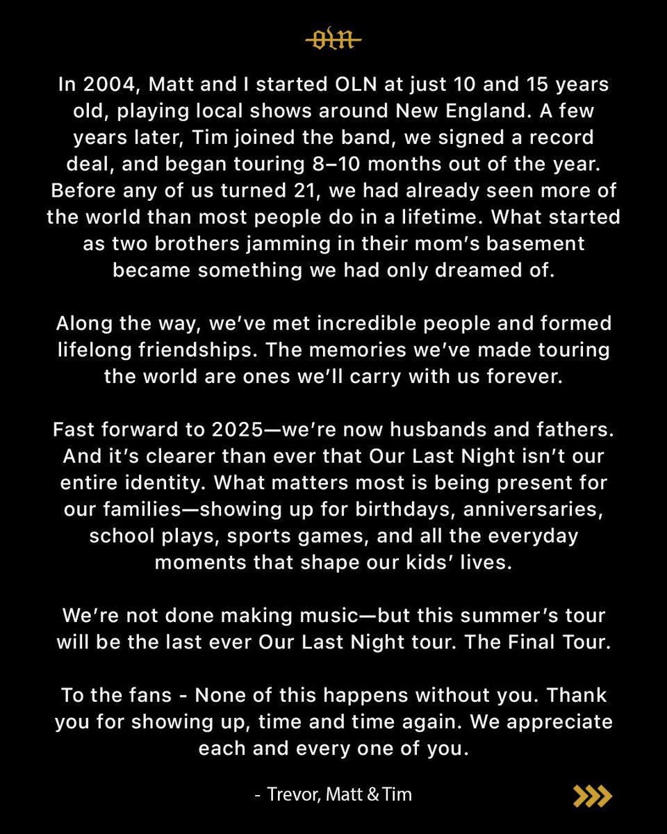 OLNband's tweet image. Please read ❤️ can’t wait to continue to make music for you all…. But touring is coming to an end