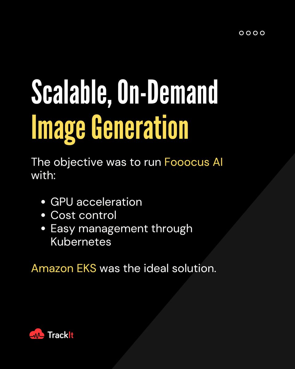 TrackItCloud's tweet photo. AI image generation at scale.
TrackIt deployed Fooocus, a Stable Diffusion-based tool, on Amazon EKS — enabling fast, GPU-accelerated image generation with full scalability.

Explore the solution: https://t.co/tSQmsN1FV0

#AWS #AmazonEKS #AI #ImageGeneration #StableDiffusion https://t.co/SFxXaWloIu