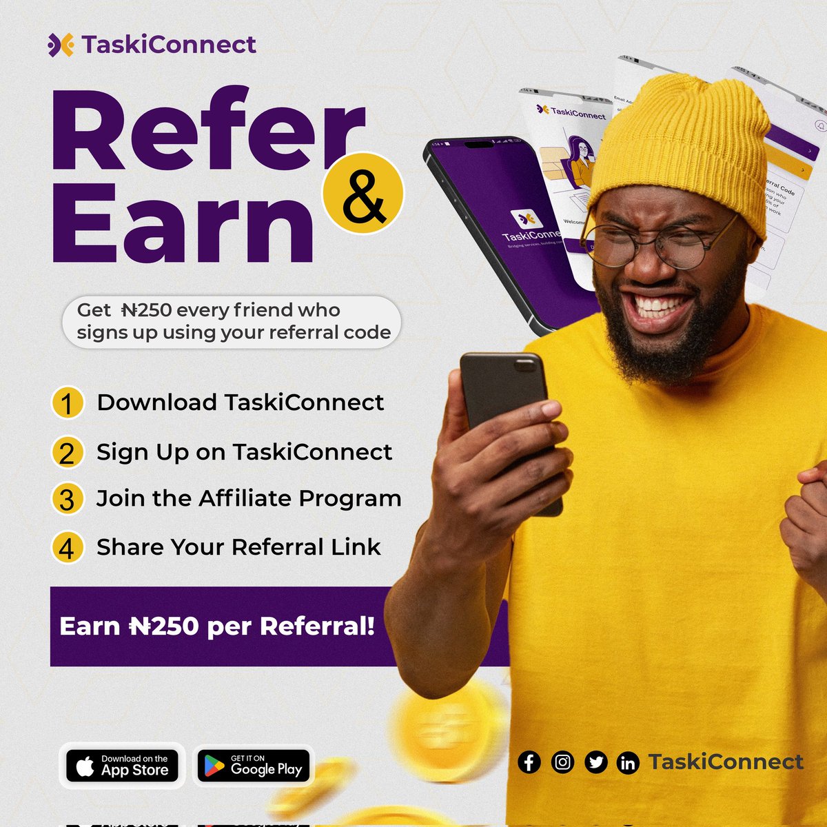 taskiconnect's tweet photo. Turn your network into cash with TaskiConnect! Earn ₦250 for every friend who signs up using your referral link. It’s quick, easy, and the perfect way to make extra income on the side.

#TaskiConnect #ReferAndEarn #MakeMoneyOnline #SideHustleNigeria #NaijaHustle #EarnFromHome https://t.co/R11MRqDG5K