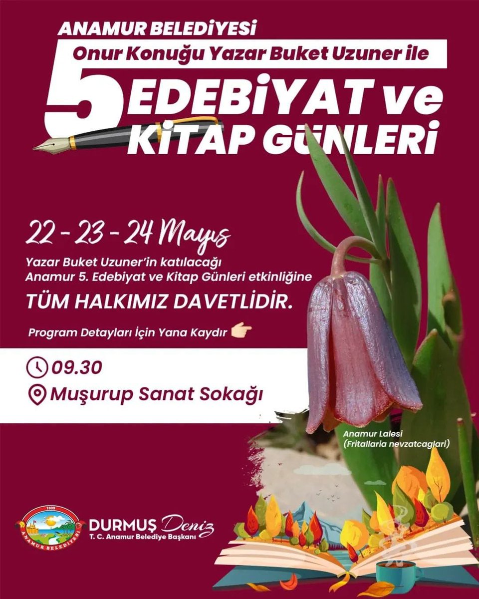 Bir Direniş Ve Yaşam Biçimi Olarak #KIZNEŞESİ 
 #AnamurEdebiyatveKitapGünleri
Moderatör: Songül Saglam
Yer: Belediye Meclis Salonu (Merkez Bina)
#kızneşesi  <a href="/anamurbel/">Anamur Belediyesi Resmi</a> 
<a href="/durmusdeniz_33/">Durmuş Deniz</a> 
<a href="/antiksahaf/">Antik Sahaf Kitabevi</a>