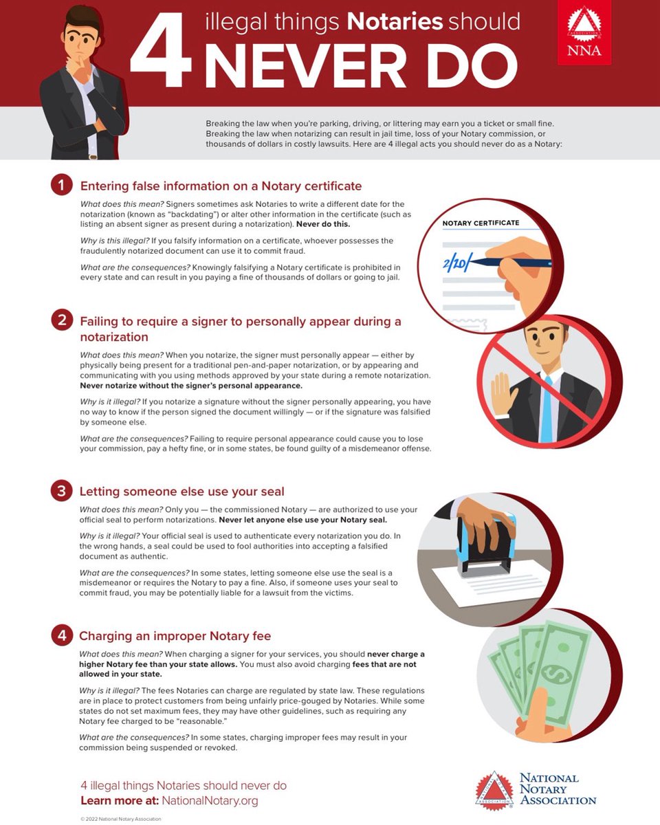 TweetyGeorgette's tweet image. Did you know failing to follow certain rules as a notary can have serious consequences? Learn what to avoid to ensure compliance and credibility. #Notary #ThatsMe #NotaryLife #LegalTips #NotaryKnowledge #Infografic #LegalIntegrity
