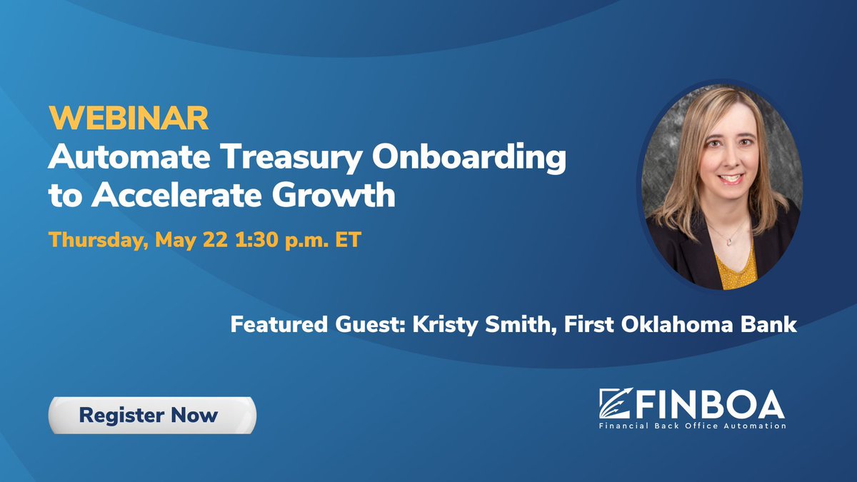 💰Banker Perspective on Automating Treasury Onboarding 
Join us May 22 @ 1:30 PM ET for a webinar featuring Kristy Smith, First Oklahoma Bank.
Aujtomate Treasury Onboarding to Accelerate Growth
🔗 Register: hubs.la/Q03nmVnb0
#FINBOA #TreasuryOnboarding #Fintech #Compliance