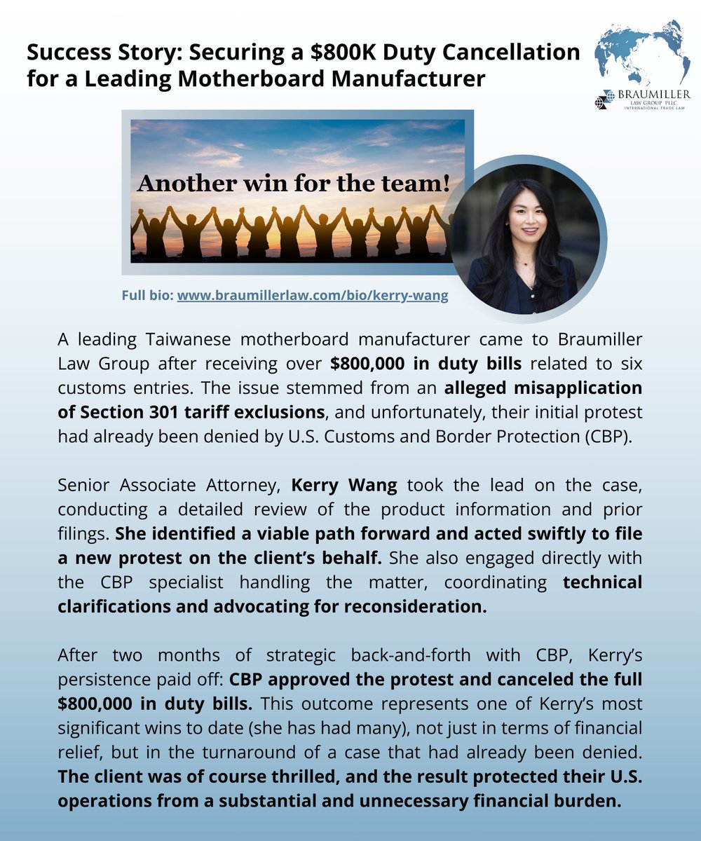 A leading Taiwanese motherboard manufacturer came to us after receiving $800,000 in duty bills due to a denied Section 301 tariff exclusion protest.

After two months of back-and-forth, CBP approved the protest and canceled the full $800,000 - great job Kerry Wang!