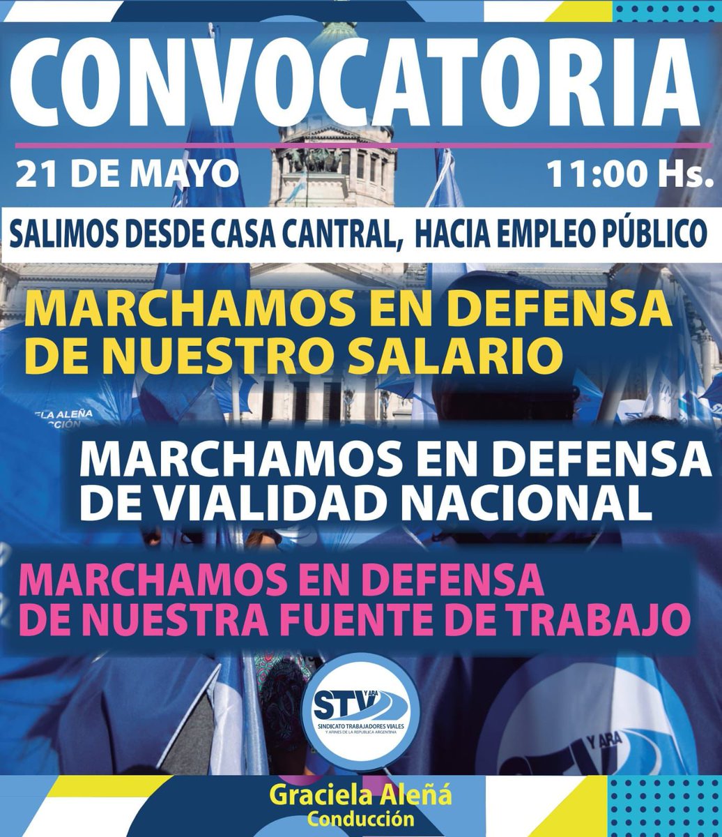 somosstv's tweet photo. 𝗗𝗲𝗳𝗲𝗻𝗱𝗮𝗺𝗼𝘀 𝗩𝗶𝗮𝗹𝗶𝗱𝗮𝗱 𝗡𝗮𝗰𝗶𝗼𝗻𝗮𝗹

📢 Compañeras y compañeros:

Ante el inminente decreto de cierre de Vialidad Nacional, convocamos a marchar mañana, martes 21 de mayo, a las 12 hs, hacia la Secretaría de Empleo Público (Av. Roque Sáenz Peña 788). https://t.co/3Aoaph0j8F