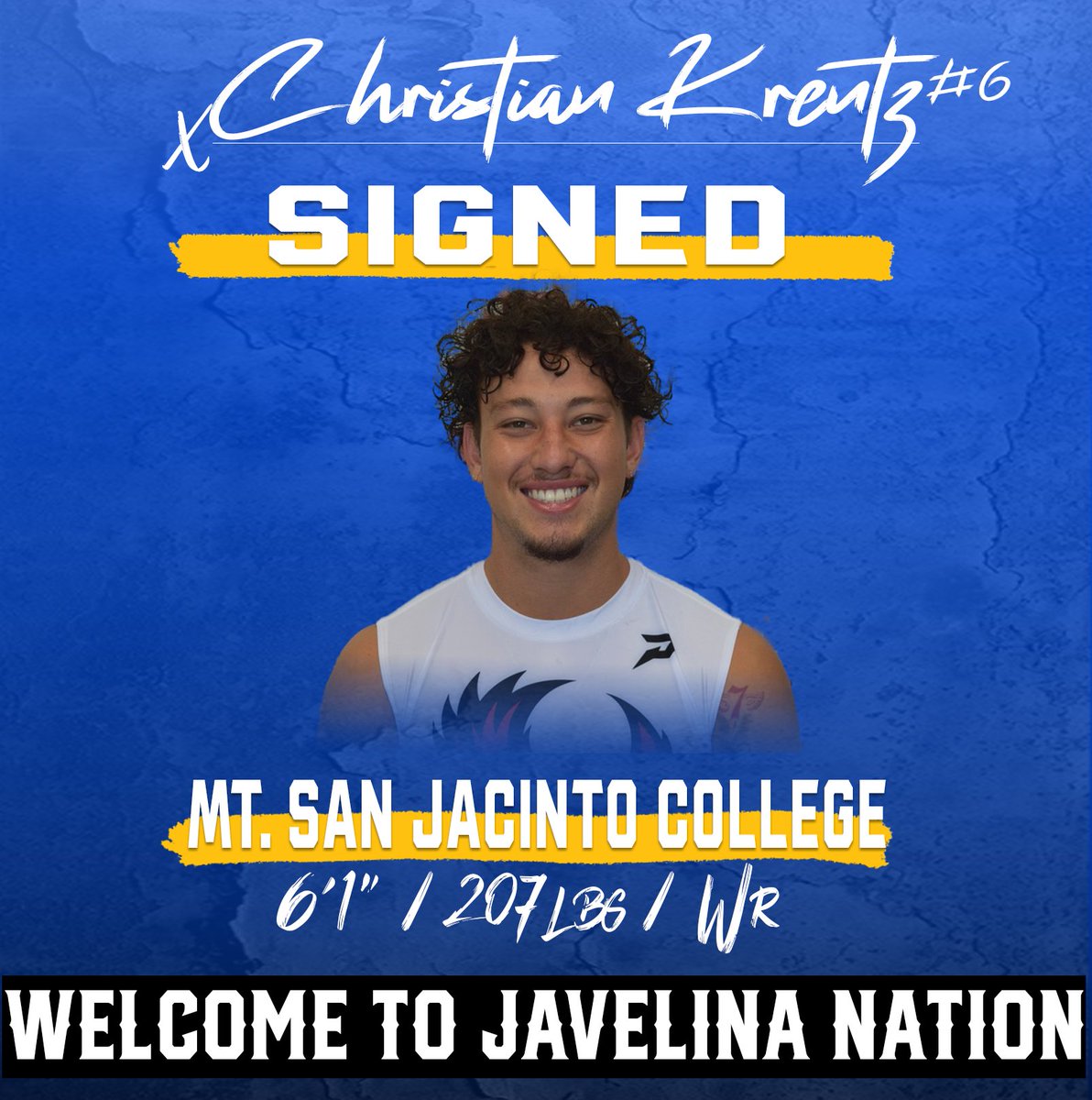 TAMUK Javelina Football (@javelinafb) on Twitter photo Welcome to Javelina Nation, <a href="/KretzChristian/">Christian Kretz</a>!
Christian joins the Javelinas after being named as a Second Team All-Conference receiver at Mt. San Jacinto College!
#GoJavelinas #TTDB Welcome to Javelina Nation, <a href="/KretzChristian/">Christian Kretz</a>!
Christian joins the Javelinas after being named as a Second Team All-Conference receiver at Mt. San Jacinto College!
#GoJavelinas #TTDB
