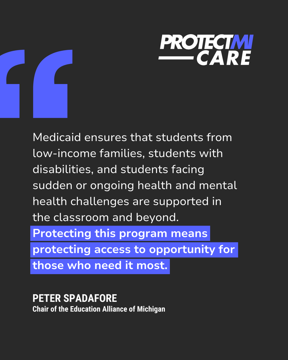 Medicaid cuts are a direct threat to Michigan’s schools. From PK-12 to postsecondary, Michigan’s education community is speaking with one voice: Protect Medicaid. Protect our kids. #ProtectMICare

Read more from the Education Alliance of Michigan: bit.ly/3GXkuI2