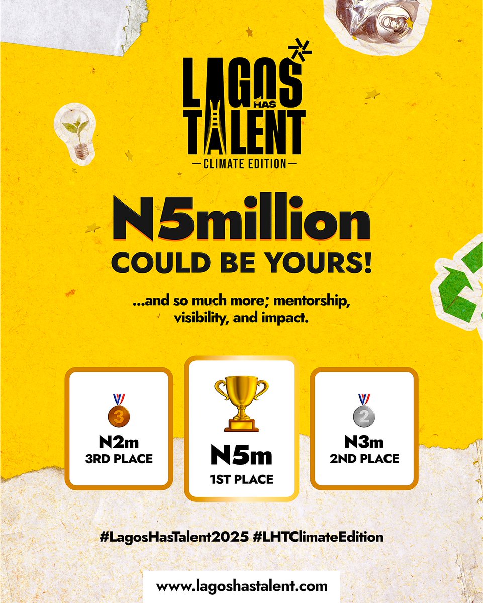 Talent full Lagos ba ?! Na now we go know ! 

#LagosHasTalent (climate edition) is about to share 10million naira among 3 winners ! 

Do you have ideas, inventions, or expressions that can help tackle climate issues in Lagos?

Submit a 1–3 minute video showcasing your innovation,