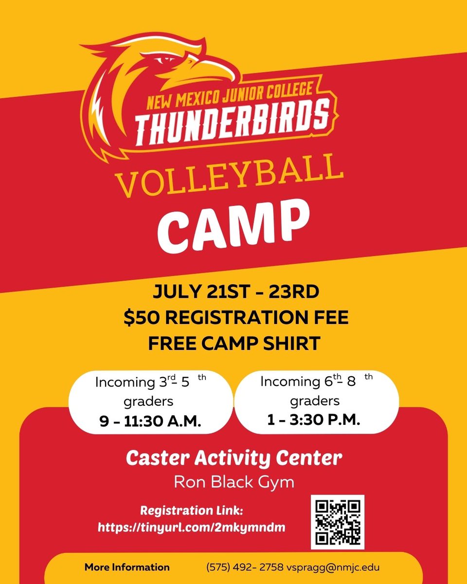 NMJC Volleyball Camp | July 21–23 Get ready to bump, set, and spike! Join us at the Caster Activity Center for three exciting days of volleyball fun and skill-building.

Incoming 3rd–5th Graders: 9:00–11:30 A.M.
Incoming 6th–8th Graders: 1:00–3:30 P.M.

$50 Registration Fee