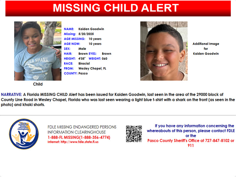 Please share this post! A Florida MISSING CHILD Alert has been issued for Kaiden Goodwin, a biracial male, 10 years old, 4 feet 5 inches tall, 60 pounds, brown hair and brown eyes, last seen in the area of the 29000 block of County Line Road in Wesley Chapel, Florida, who was