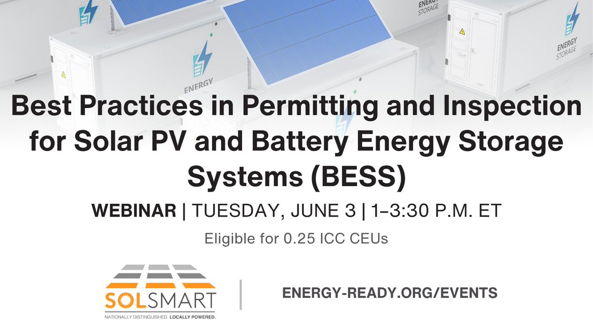 Join <a href="/GoSolSmart/">SolSmart</a> on 6/3 for Best Practices in Permitting and Inspection for Solar PV and Battery Energy Storage Systems (BESS). This webinar is eligible for 0.25 CEUs from <a href="/IntlCodeCouncil/">IntlCodeCouncil</a>.
Register today! icma-org.zoom.us/webinar/regist…