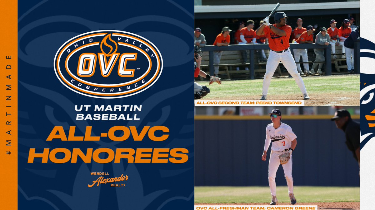 UT Martin Athletics (@utmsports) on Twitter photo The OVC released its all-conference awards today and <a href="/UTMBase/">UT Martin Baseball</a> standouts Peeko Townsend and Cameron Greene were named to the prestigious lists!
Story📰: tinyurl.com/h89jfyv2
#MartinMade #OVCit The OVC released its all-conference awards today and <a href="/UTMBase/">UT Martin Baseball</a> standouts Peeko Townsend and Cameron Greene were named to the prestigious lists!
Story📰: tinyurl.com/h89jfyv2
#MartinMade #OVCit